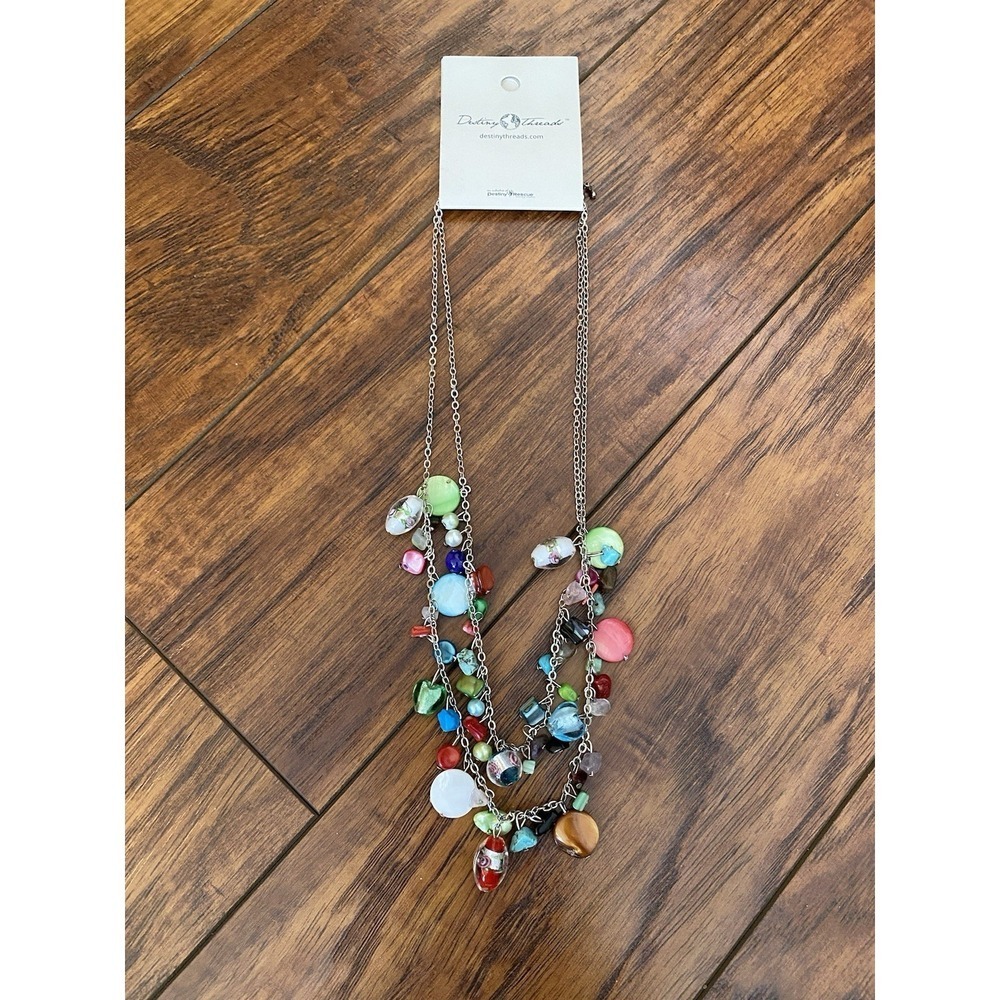 NEW Multi Gemstone Chip Necklace Artisan Handcrafted Multi Strand Boho Eclectic